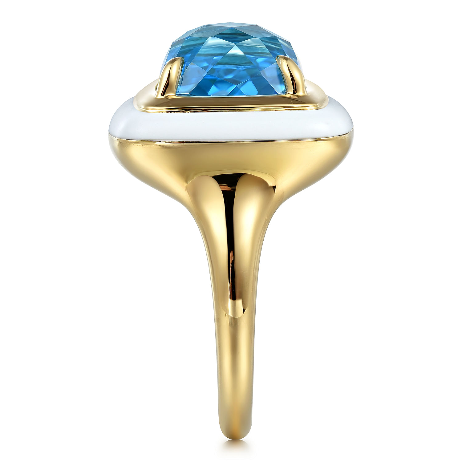 14K Yellow Gold Blue Topaz Cushion Cut Ladies Ring With Flower Pattern J-Back and White Enamel