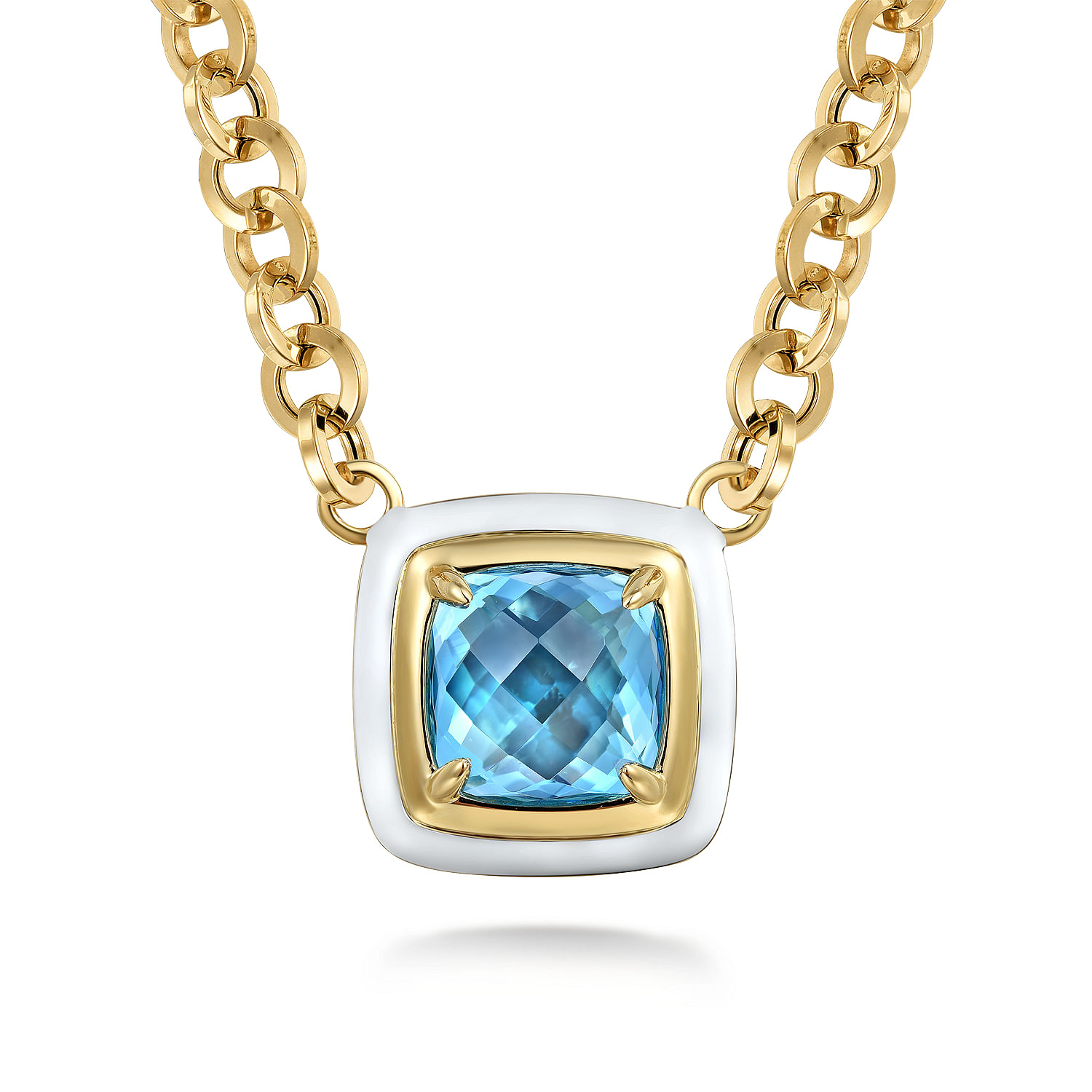 Gabriel - 14K Yellow Gold Blue Topaz Cushion Cut Necklace With Flower Pattern J-Back and White Enamel