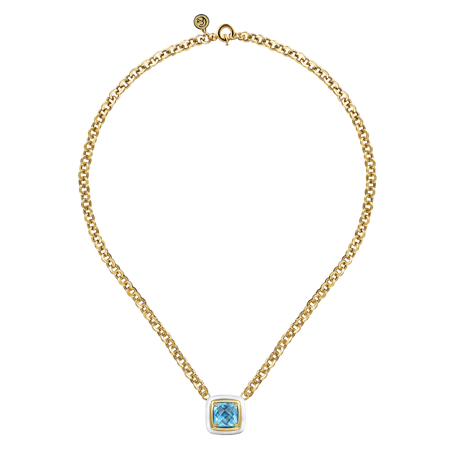 14K Yellow Gold Blue Topaz Cushion Cut Necklace With Flower Pattern J-Back and White Enamel