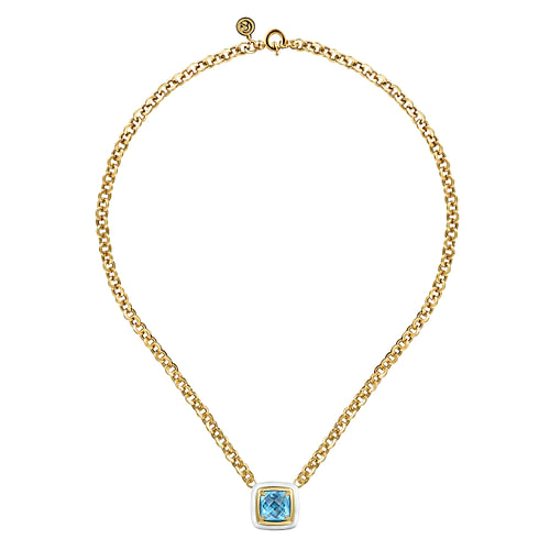 14K Yellow Gold Blue Topaz Cushion Cut Necklace With Flower Pattern J-Back and White Enamel