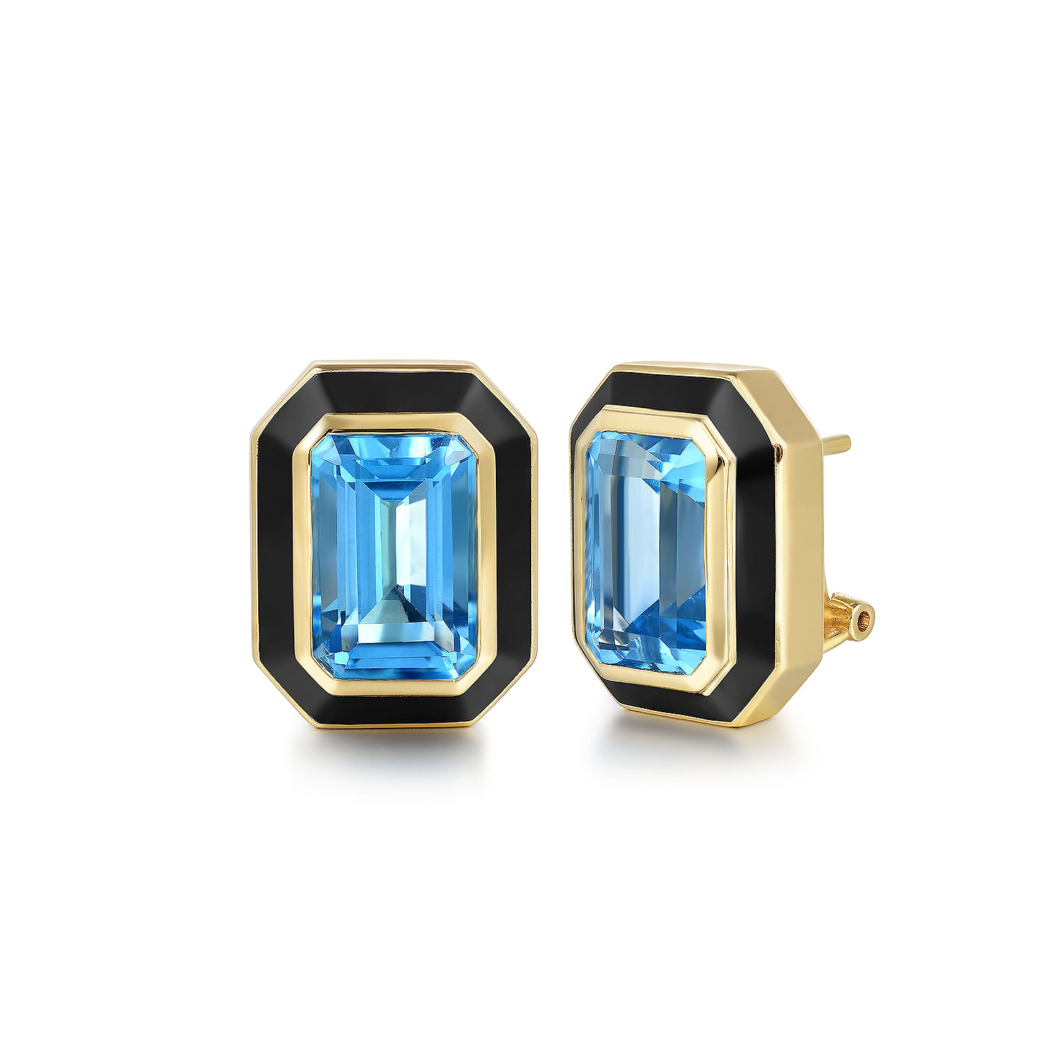 Gabriel - 14K Yellow Gold Blue Topaz Emerald Cut Earrings With Flower Pattern J-Back and Black Enamel