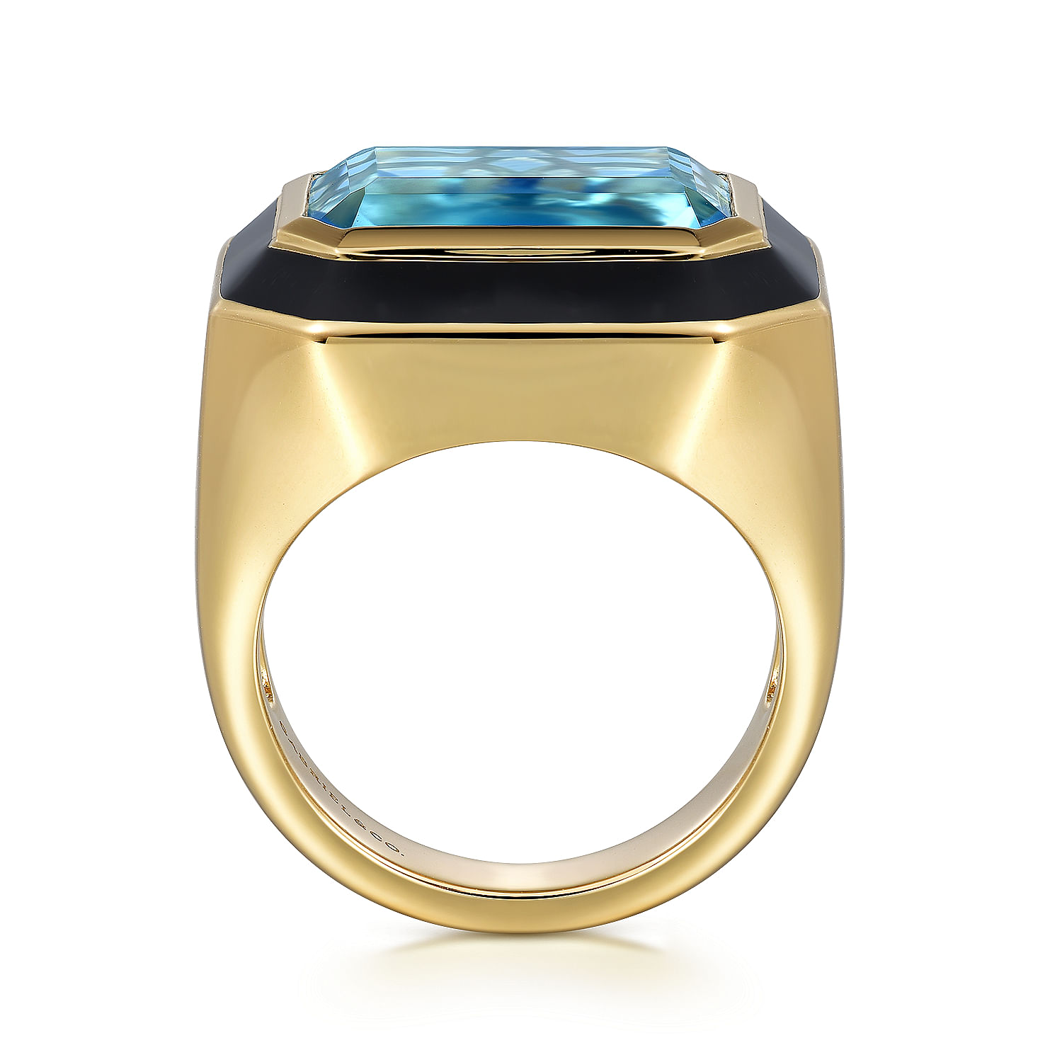 14K Yellow Gold Blue Topaz Emerald Cut Ladies Ring With Flower Pattern J-Back and Black Enamel