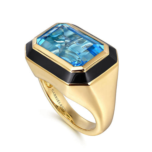 14K Yellow Gold Blue Topaz Emerald Cut Ladies Ring With Flower Pattern J-Back and Black Enamel