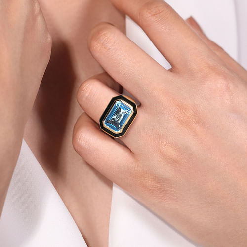 14K Yellow Gold Blue Topaz Emerald Cut Ladies Ring With Flower Pattern J-Back and Black Enamel