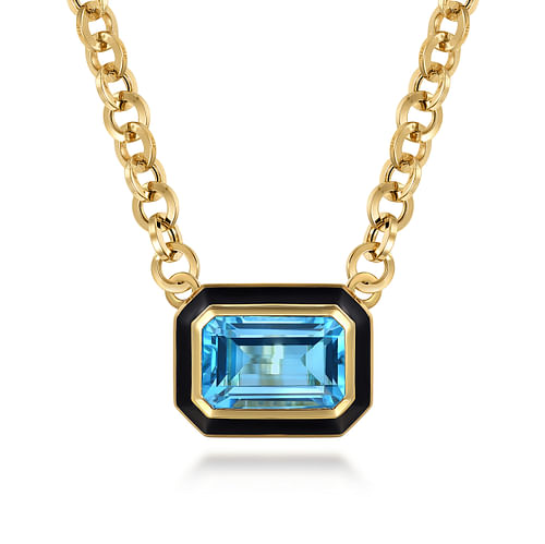 14K Yellow Gold Blue Topaz Emerald Cut Necklace With Flower Pattern J-Back and Black Enamel