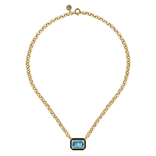 14K Yellow Gold Blue Topaz Emerald Cut Necklace With Flower Pattern J-Back and Black Enamel