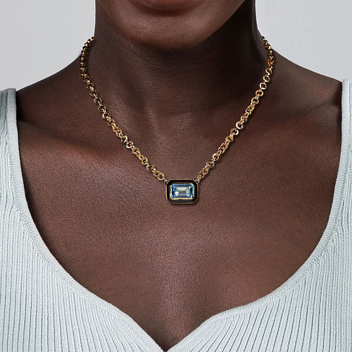 14K Yellow Gold Blue Topaz Emerald Cut Necklace With Flower Pattern J-Back and Black Enamel