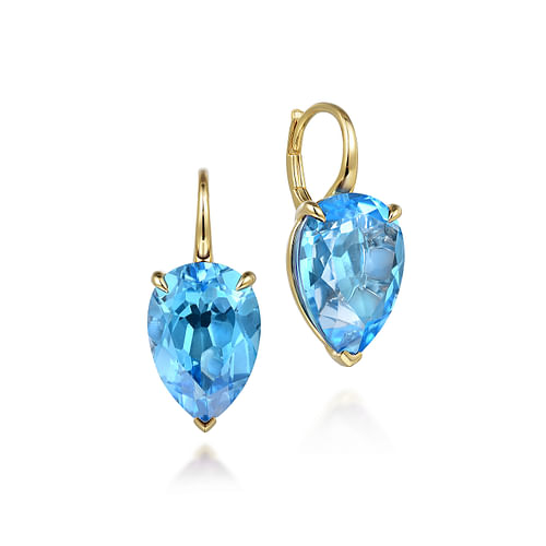 14K Yellow Gold Blue Topaz Flat Pear Earrings