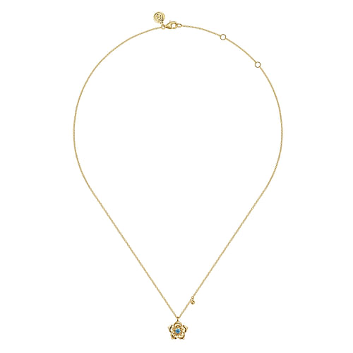 14K Yellow Gold Blue Topaz Floral Drop Necklace