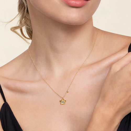 14K Yellow Gold Blue Topaz Floral Drop Necklace