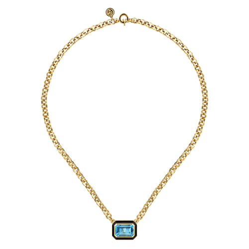 14K Yellow Gold Blue Topaz Necklace With Flower Pattern J-Back and Black Enamel