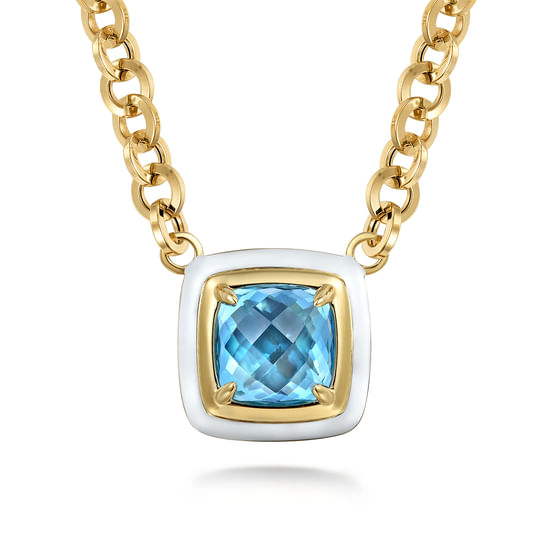 Gabriel - 14K Yellow Gold Blue Topaz Necklace With Flower Pattern J-Back and White Enamel