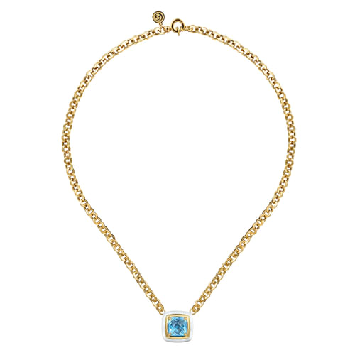 14K Yellow Gold Blue Topaz Necklace With Flower Pattern J-Back and White Enamel