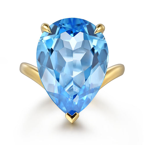 14K Yellow Gold Blue Topaz Pear Ladies Ring