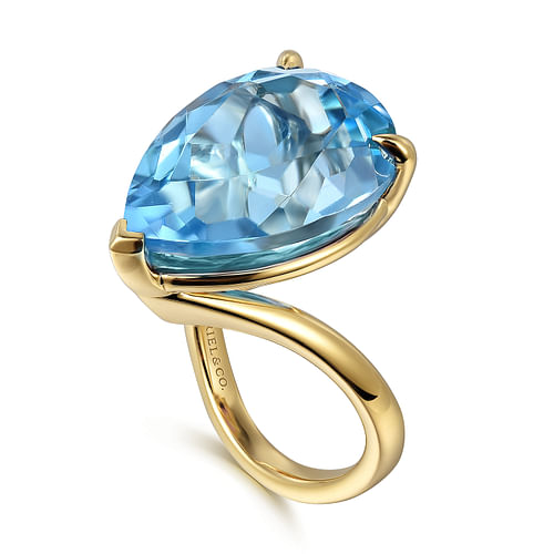 14K Yellow Gold Blue Topaz Pear Ladies Ring