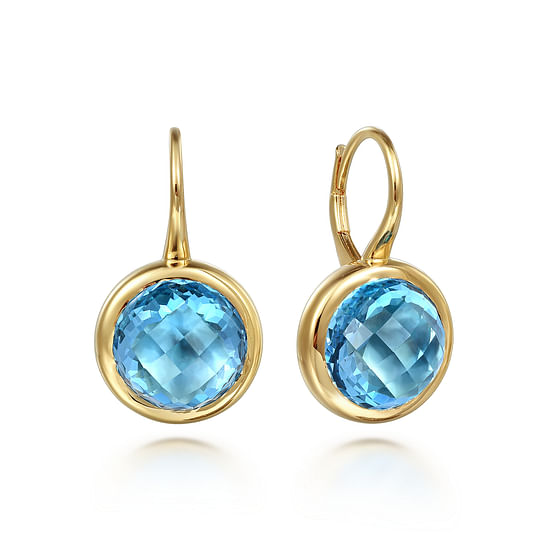 Gabriel - 14K Yellow Gold Blue Topaz Round Shape Earrings With Flower Pattern J-Back