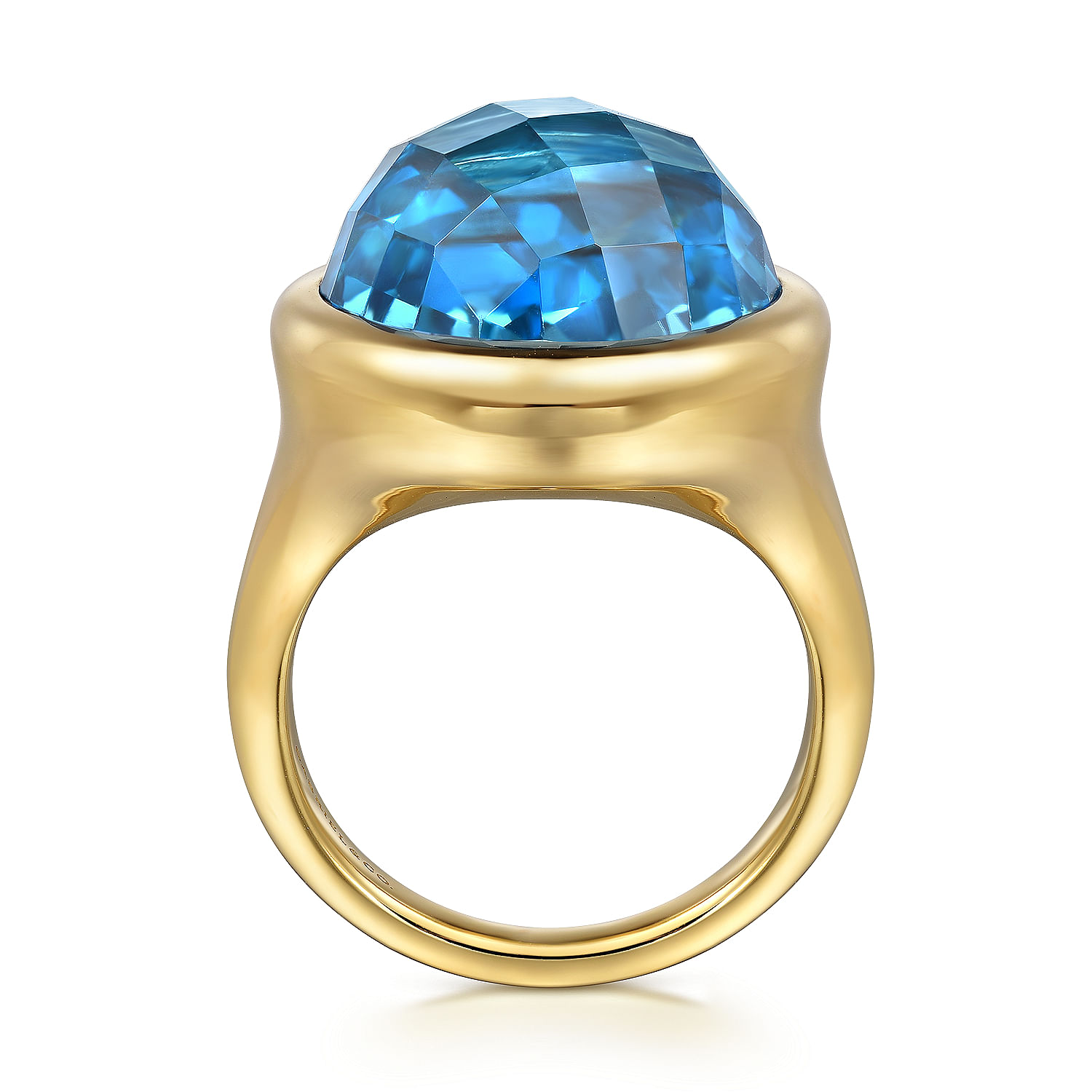 14K Yellow Gold Blue Topaz Round Shape Ladies Ring With Flower Pattern J-Back