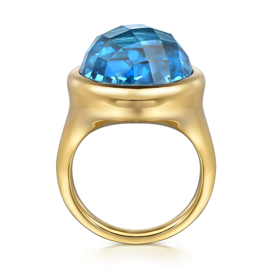 14K Yellow Gold Blue Topaz Round Shape Ladies Ring With Flower Pattern J-Back angle 2 14K Yellow Gold Blue Topaz Round Shape Ladies Ring With Flower Pattern J-Back angle 2