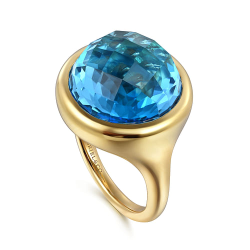 14K Yellow Gold Blue Topaz Round Shape Ladies Ring With Flower Pattern J-Back