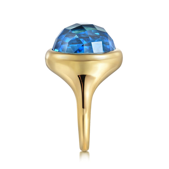 14K Yellow Gold Blue Topaz Round Shape Ladies Ring With Flower Pattern J-Back angle 4 14K Yellow Gold Blue Topaz Round Shape Ladies Ring With Flower Pattern J-Back angle 4