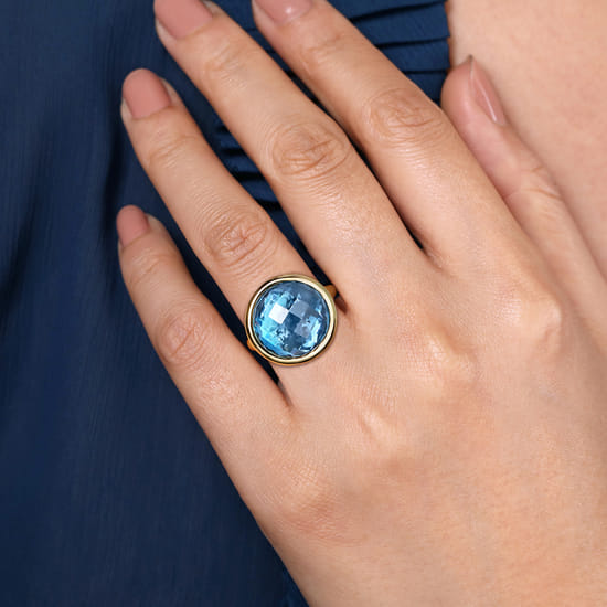 14K Yellow Gold Blue Topaz Round Shape Ladies Ring With Flower Pattern J-Back angle 5 14K Yellow Gold Blue Topaz Round Shape Ladies Ring With Flower Pattern J-Back angle 5