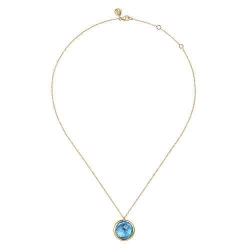 14K Yellow Gold Blue Topaz Round Shape Necklace With Flower Pattern J-Back