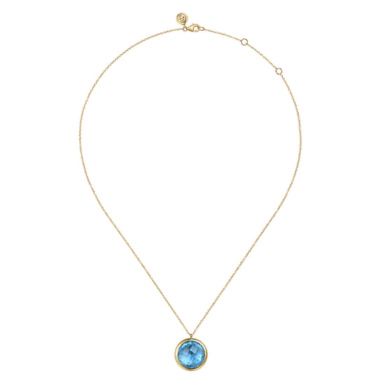 14K Yellow Gold Blue Topaz Round Shape Necklace With Flower Pattern J-Back angle 2