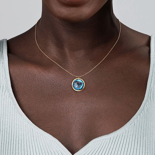 14K Yellow Gold Blue Topaz Round Shape Necklace With Flower Pattern J-Back