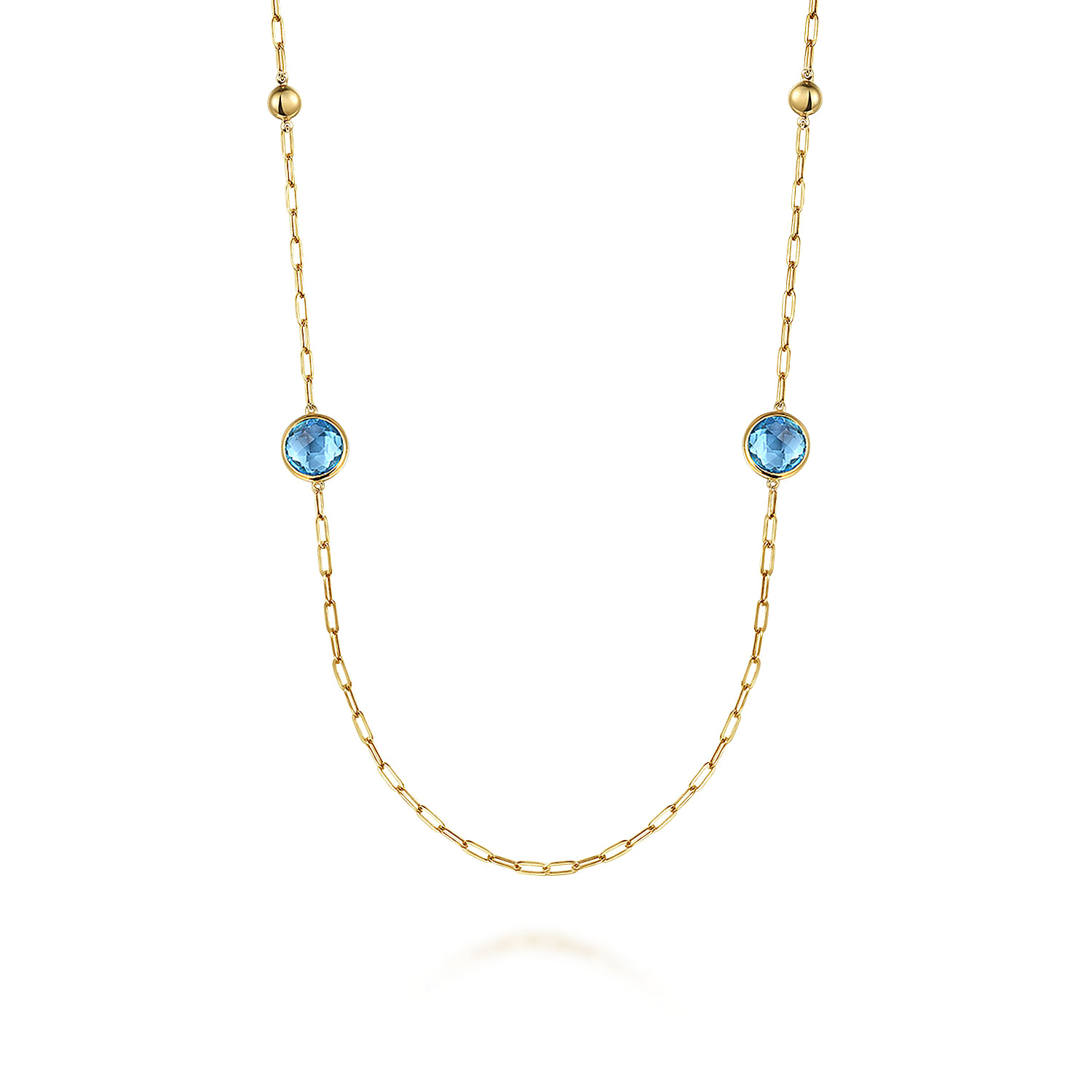 Gabriel - 14K Yellow Gold Blue Topaz Round Shape Necklace With Four Stations ,Beads and Bezel Setting