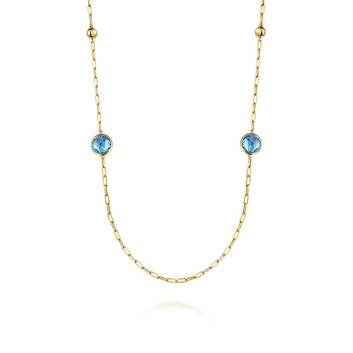 14K Yellow Gold Blue Topaz Round Shape Necklace With Four Stations ,Beads and Bezel Setting