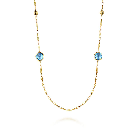 Gabriel - 14K Yellow Gold Blue Topaz Round Shape Necklace With Four Stations ,Beads and Bezel Setting