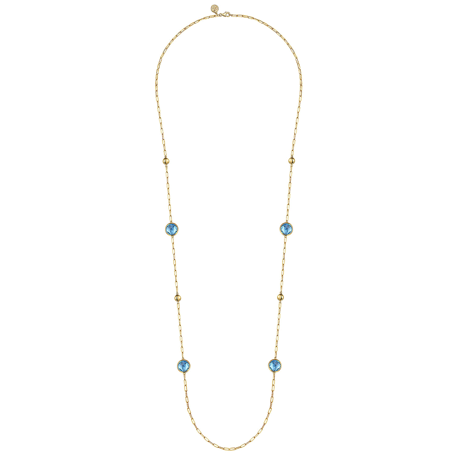 14K Yellow Gold Blue Topaz Round Shape Necklace With Four Stations ,Beads and Bezel Setting