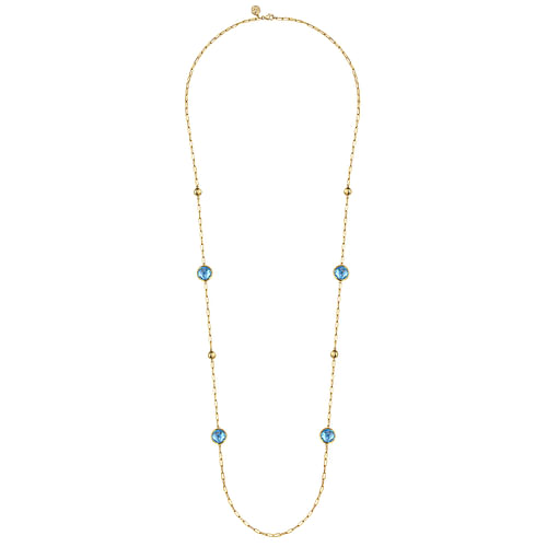 14K Yellow Gold Blue Topaz Round Shape Necklace With Four Stations ,Beads and Bezel Setting