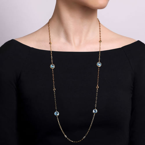 14K Yellow Gold Blue Topaz Round Shape Necklace With Four Stations ,Beads and Bezel Setting