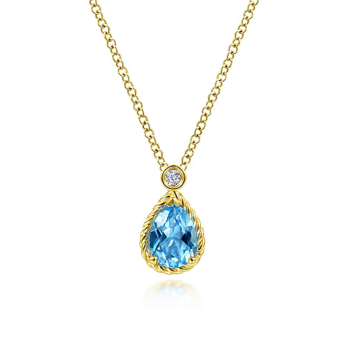 14K Yellow Gold Blue Topaz Teardrop Pendant Necklace with Bezel Set Diamond