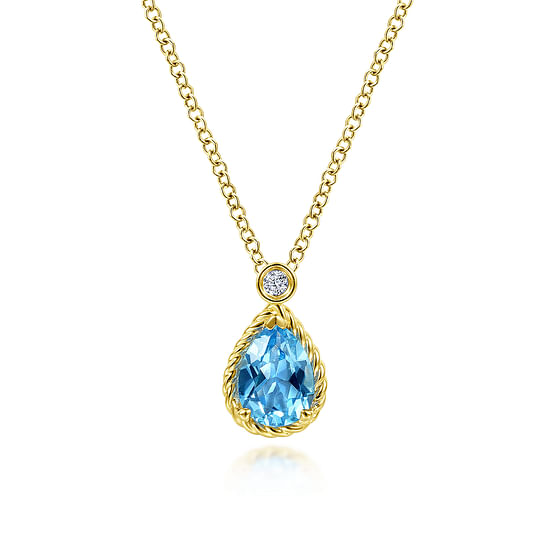 Gabriel - 14K Yellow Gold Blue Topaz Teardrop Pendant Necklace with Bezel Set Diamond