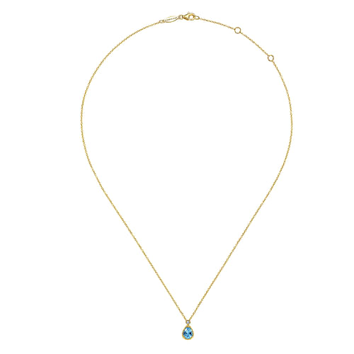 14K Yellow Gold Blue Topaz Teardrop Pendant Necklace with Bezel Set Diamond