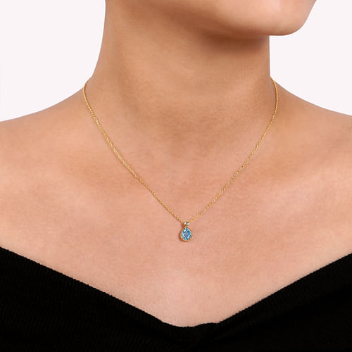 14K Yellow Gold Blue Topaz Teardrop Pendant Necklace with Bezel Set Diamond