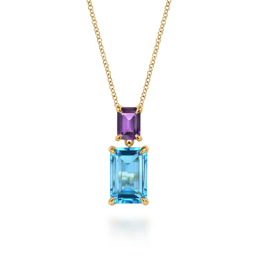 14K Yellow Gold Blue Topaz and Amethyst Pendant Necklace
