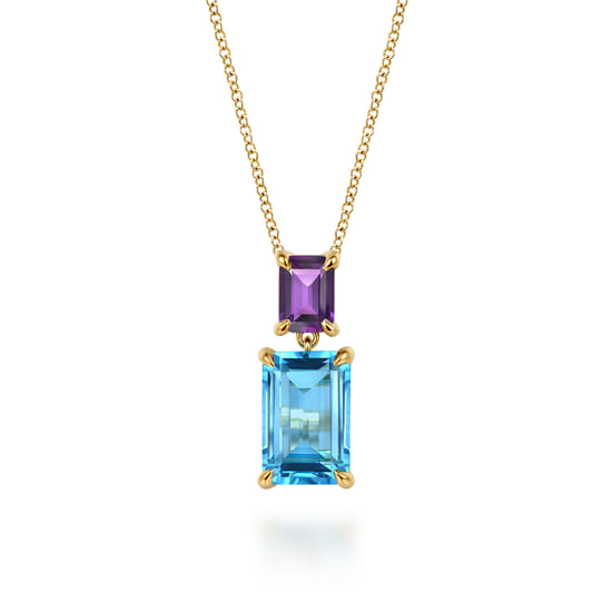 14K Yellow Gold Blue Topaz and Amethyst Pendant Necklace