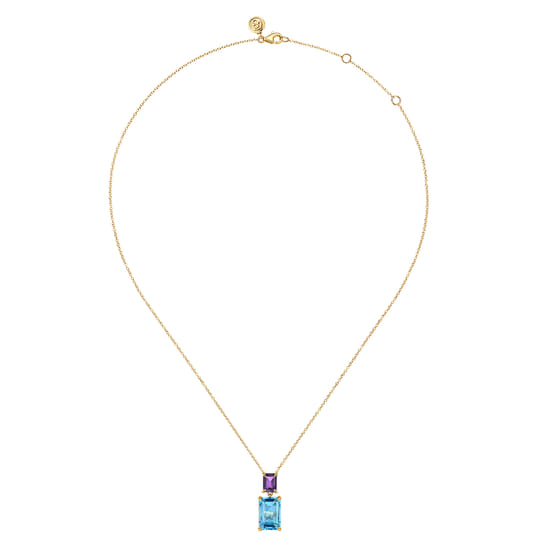 14K Yellow Gold Blue Topaz and Amethyst Pendant Necklace angle 2