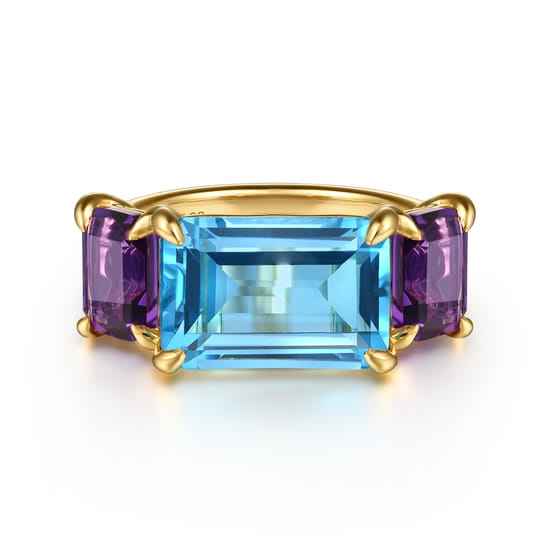 Gabriel - 14K Yellow Gold Blue Topaz and Amethyst Signet Ring