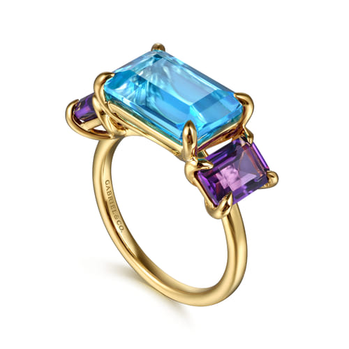 14K Yellow Gold Blue Topaz and Amethyst Signet Ring