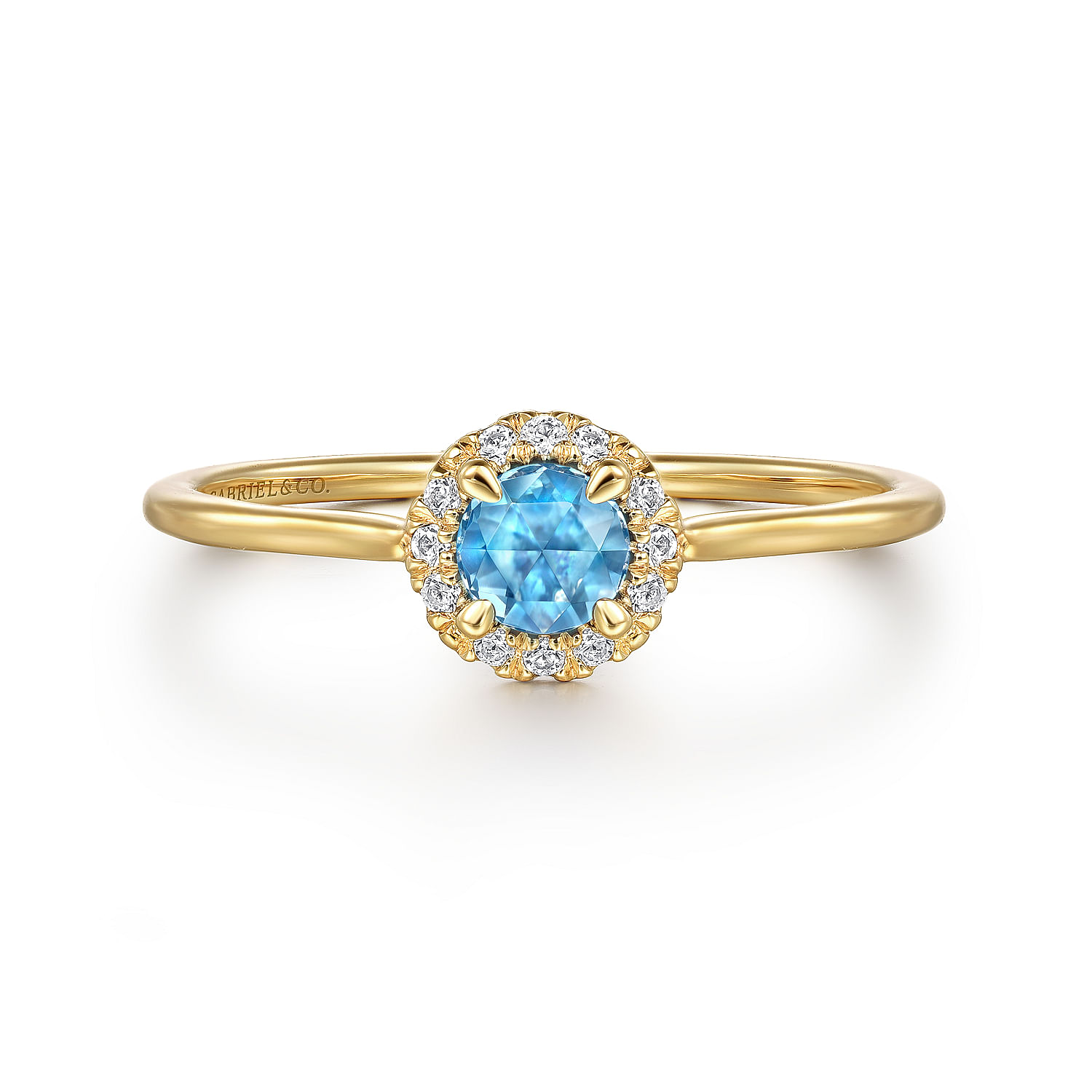 Gabriel - 14K Yellow Gold Blue Topaz and Diamond Halo Promise Ring