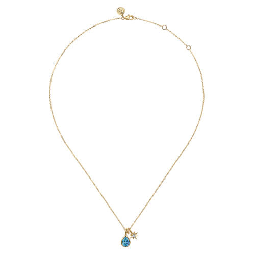 14K Yellow Gold Blue Topaz and Diamond Teardrop Pendant Necklace
