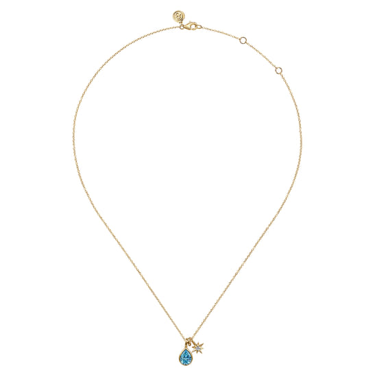 14K Yellow Gold Blue Topaz and Diamond Teardrop Pendant Necklace angle 2