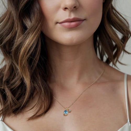14K Yellow Gold Blue Topaz and Diamond Teardrop Pendant Necklace