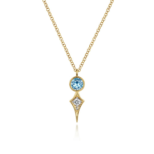 14K Yellow Gold Blue Topaz and Kite Diamond Pendant Necklace