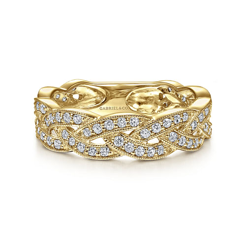 14K Yellow Gold Braided Diamond Stackable Ring