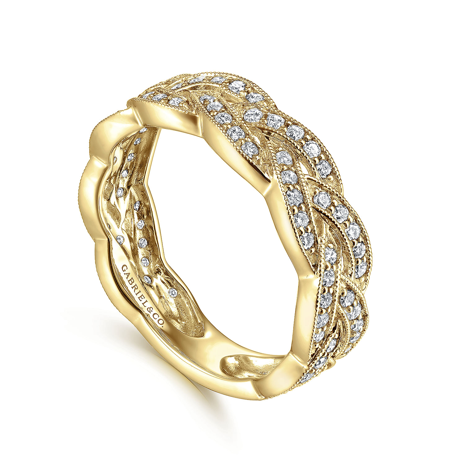 14K Yellow Gold Braided Diamond Stackable Ring
